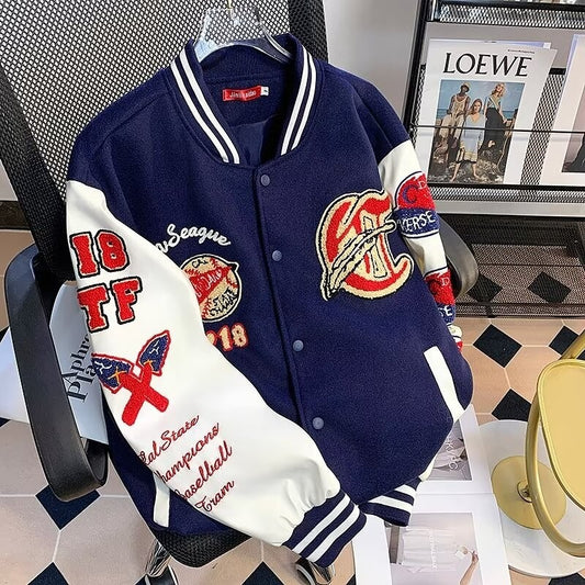 Leather patchwork towelling baseball jacket